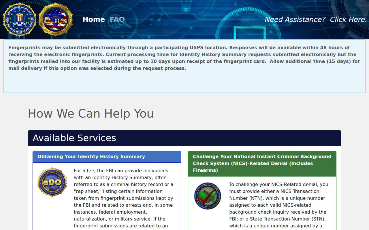 Talladega County criminal history FBI personal identity request portal
