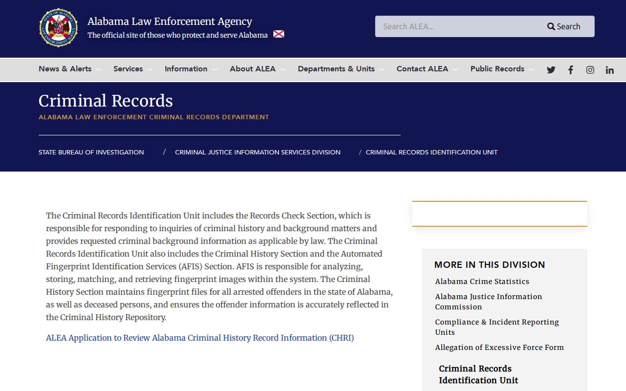 Talladega County criminal history ALEA Criminal Records Unit page